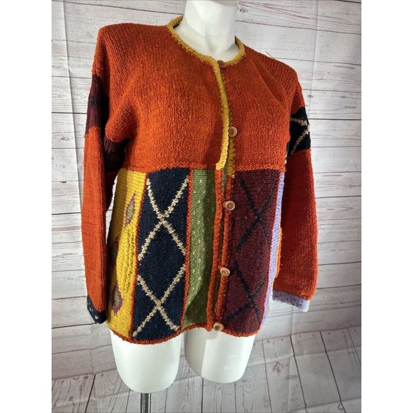 VTG Handmade by Rainbow crafts Cardigan women Size L Knitted Sweater Orange Blue - Picture 3 of 10